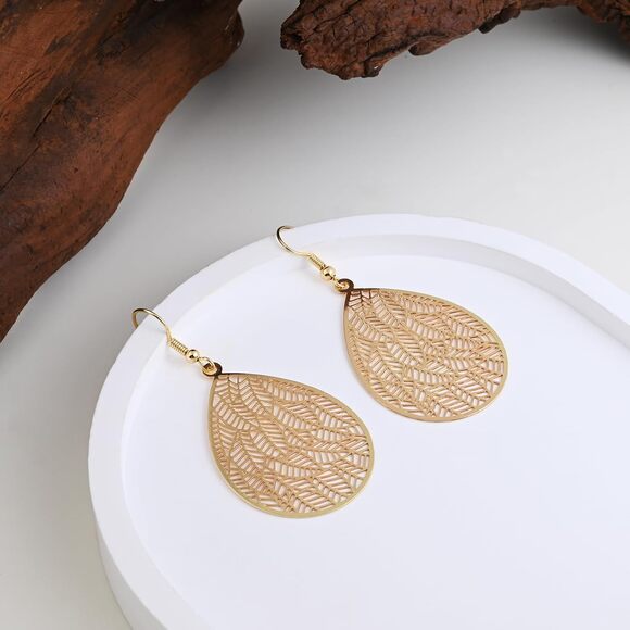 14K Gold Plated Teardrop Drop Dangle Earrings Gold Leaf Earrings for Women - Picture 4 of 5